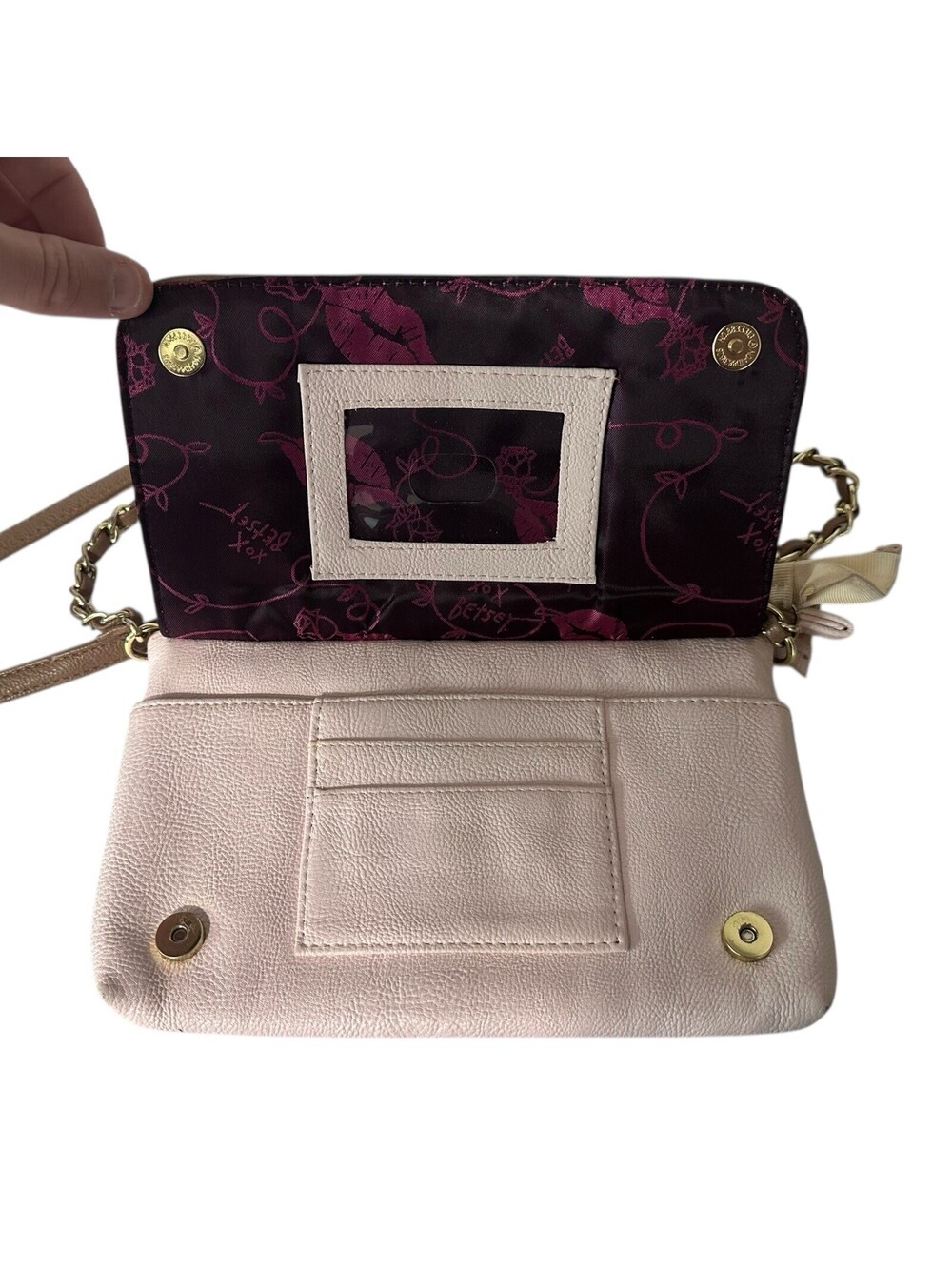 Betsey Johnson Crossbody Pretty Pink Purse Quilted Bow Shoulder Bag 9x6” - Picture 7 of 10
